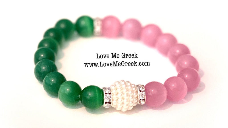 Pink and Green Cat Eye Beads with Pearl Bracelet